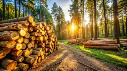 Poster - Golden Hour Lumber Stack in a Sunlit Forest