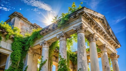 Aufkleber - Sunlit Ruins of a Classical Structure Overgrown with Lush Greenery