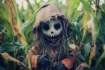 Poster - A scarecrow is seen in a corn field, wearing a hood to protect from the elements