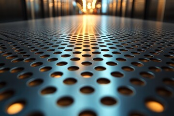 Wall Mural - Close-up shot of a metal surface with various sized holes, useful for illustrating industrial processes or mechanical designs