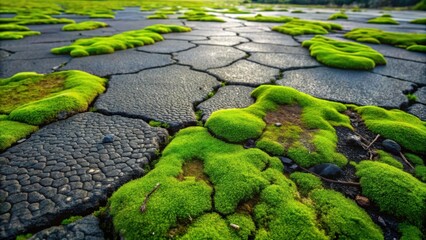 Poster - Vibrant Green Moss Thriving in Cracked Pavement, A Study in Nature's Resilience