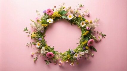 Poster - A Delicate Floral Wreath on a Pink Background, Perfect for Springtime Celebrations