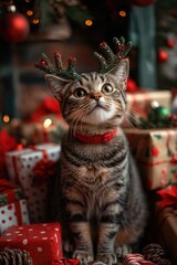 Poster - A curious cat wearing a set of reindeer antlers on its head, perfect for holiday-themed images or whimsical designs