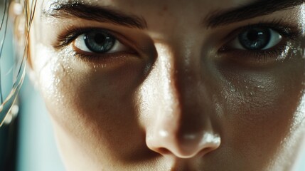 Poster - A close-up shot of a woman's face with water droplets on her skin, possibly after washing or showering