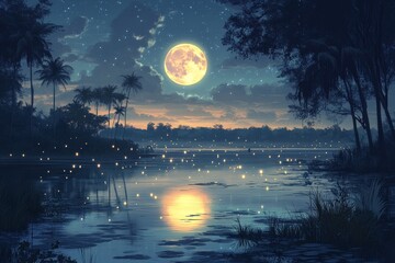Poster - A moonlit river surrounded by silhouetted palm trees and scattering fireflies, casting a magical glow on the sparkling water under the vast night sky.