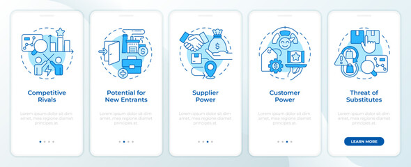 Wall Mural - Porter 5 forces blue onboardingmobile app screen. Management. Walkthrough 5 steps editable graphic instructions with linear concepts. UI, UX, GUI template. Montserrat SemiBold, Regular fonts used