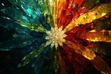 Aufkleber - An eye-catching glass art piece featuring dynamic shards radiating outwards from a vivid center, captivating viewers with its vibrant colors and energy.