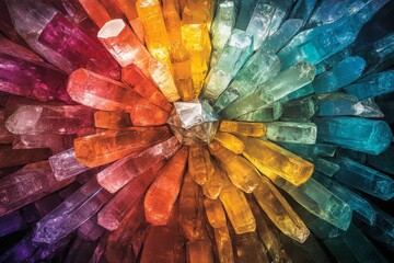 Poster - An exhilarating display of crystals arranged in an explosive rainbow pattern, showcasing the vibrant spectrum of colors in a dynamic and artistic composition.