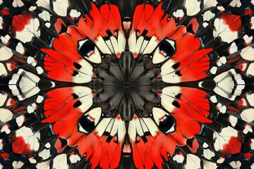 Aufkleber - A symmetrical kaleidoscope pattern featuring vivid shades of red and black, creating a striking visual effect through repeated symmetrical elements and dramatic contrast.