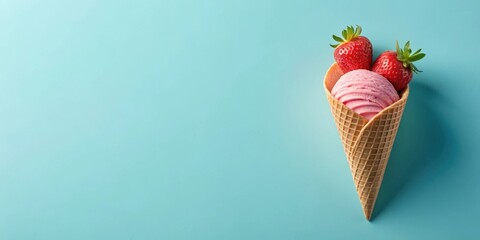 Poster - Refreshing Strawberry Ice Cream Cone on Teal Background
