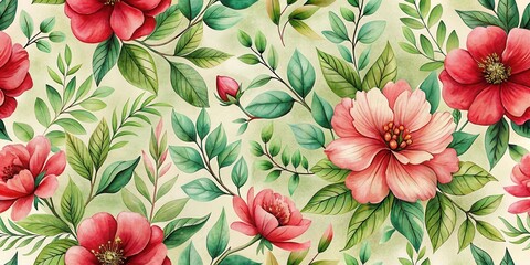 Poster - Elegant Watercolor Floral Pattern with Lush Blooms and Green Foliage