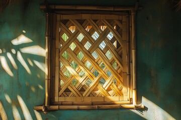 Leinwandbilder - A bamboo window bathed in sunlight creates captivating light patterns against a blue wall, evoking a sense of warmth and artistic expression in this serene setting.