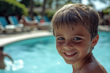 Poster - A young boy stands near a swimming pool