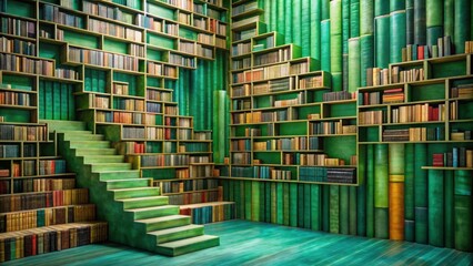 Aufkleber - A Serene Green Library with Winding Staircase and Bookshelves Overflowing with Volumes