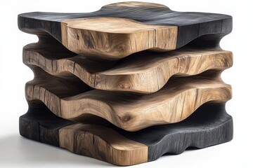 Poster - A sculptural wooden piece with curved layers, creating an organic, wave-like aesthetic, blending the natural grains with an innovative, modern design style.