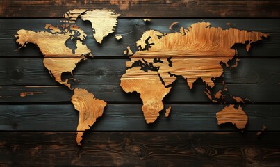 Poster - World Map Wooden Art Design, Intricate Golden Texture on Dark Wooden Background, Geographical Representation, Home Decor Inspiration