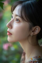 Poster - A woman wearing a flowery dress looks out at a distant view, potentially lost in thought