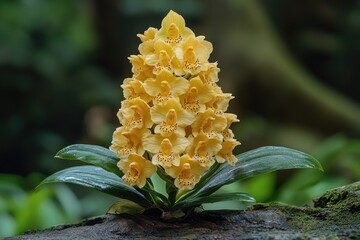 Sticker - A bright yellow flower sprouts from a rocky surface, surrounded by natural beauty