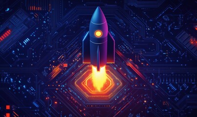 Poster - Rocket Launching from Circuit Board, Futuristic Technology Concept, Digital Space Exploration, Innovation in Science and Engineering