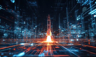 Poster - rocket launch in futuristic digital cityscape with glowing lines and data streams, showcasing advanc
