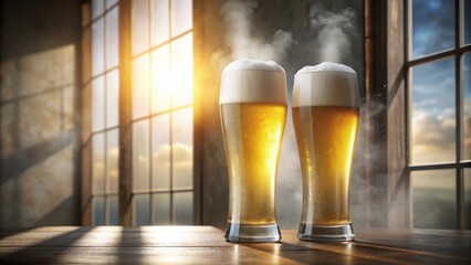 Poster - Two frosty glasses of golden beer by a sunlit windowsill