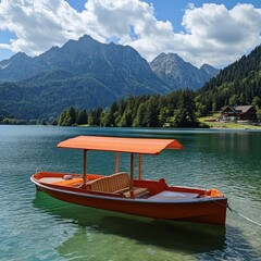 Aufkleber - A small boat floating on the surface of a calm lake, surrounded by lush greenery and potentially more boats in the distance