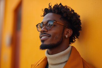 A person wearing glasses and a turtle neck sweater, suitable for formal or casual occasions