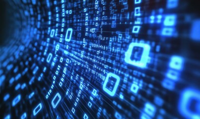 Poster - Digital data stream with glowing blue binary code and matrix-like patterns, representing technology, information, and connectivity