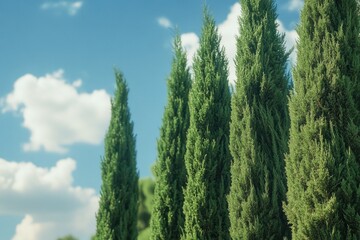 Canvas Print - A serene landscape with a row of tall green trees standing against a bright blue sky