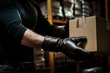 Aufkleber - A man is shown wearing black gloves and holding a mysterious box, suitable for use in scenes where secrecy or discretion is important