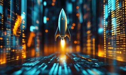 Poster - Rocket Launching in Futuristic Digital Cityscape with Neon Lights and Data Streams