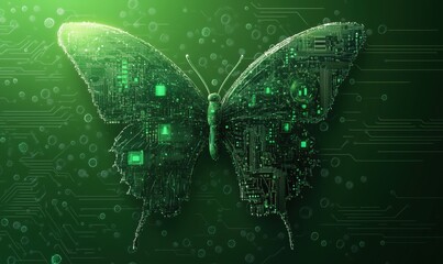 Poster - digital butterfly composed of circuit board patterns and glowing green elements, symbolizing technol