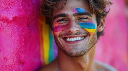 Poster - A colorful and playful image of a man with his face painted in bright rainbow colors, great for use as a background or to represent creativity and individuality