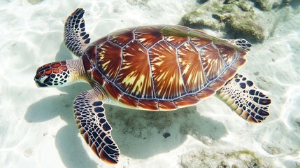Poster - A single turtle swims peacefully in calm and clear water, perfect for use in scenes about nature, wildlife or conservation
