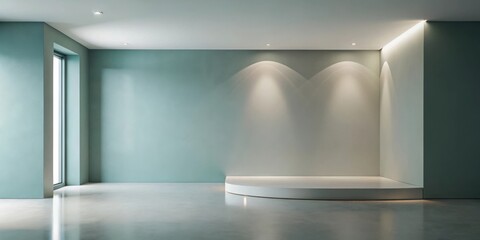 Fototapete - Modern Minimalist Interior Room with Subtle Lighting and Display Platform