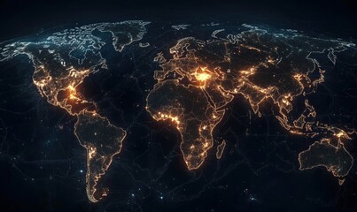 Poster - Illuminated World Map Depicting Global Connectivity and Urbanization with Bright City Lights and Network Patterns