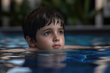 Poster - A young boy swimming in a pool