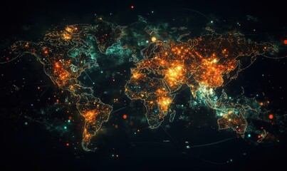 Poster - Illuminated World Map with Network Connections and Data Points Representing Global Connectivity and Urbanization