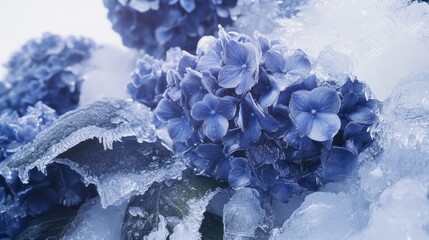 Poster - A cluster of blue flowers frozen in ice, perfect for winter or cold-themed designs
