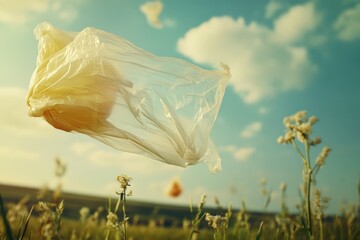 Poster - A plastic bag lying in the middle of an open field, often used as a symbol of waste and pollution