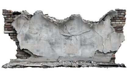 Wall Mural - a ruined, collapsed, cracked, or broken concrete brick cement wall, isolated on a transparent background. PNG, cutout, or clipping path.