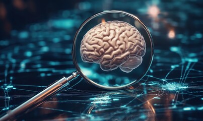 Poster - brain magnified through lens, showcasing neural connections and digital network, symbolizing neurosc