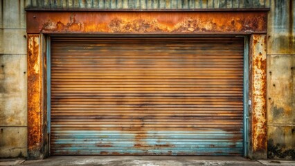 Poster - Rusty Metal Roll-Up Door and Weathered Concrete Wall Texture