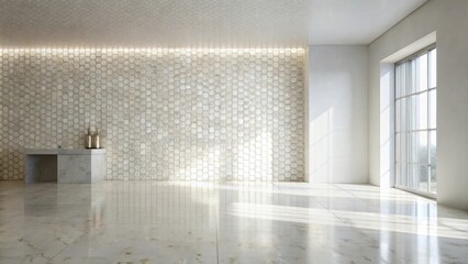 Fototapete - Modern minimalist interior design with hexagon tile wall and marble floor