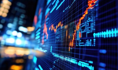Poster - Stock market data visualization with glowing graphs and charts, showcasing financial trends and analytics in a digital environment