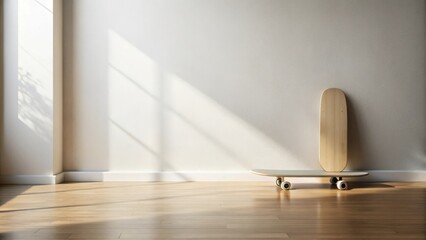 Poster - Sunlit Room Interior with Wooden Skateboards Leaning Against a Wall