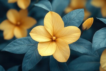 Poster - A bright yellow flower with green leaves in focus