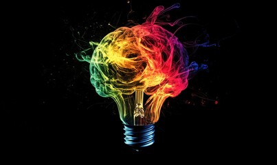 Poster - colorful smoke brain inside light bulb representing creativity and innovation, vibrant hues swirling