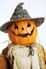 Wall Mural - A scarecrow dressed in Halloween costume holding a pumpkin, suitable for autumn or spooky theme