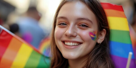Aufkleber - A young girl with a colorful rainbow design painted on her face, a playful and creative expression